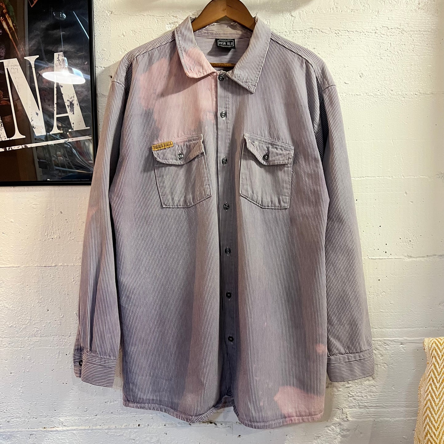 Vintage 90’s Distressed Prison Blues Pin Striped Long Sleeve Button Up Shirt - Size Large - Made In USA - White/Purple