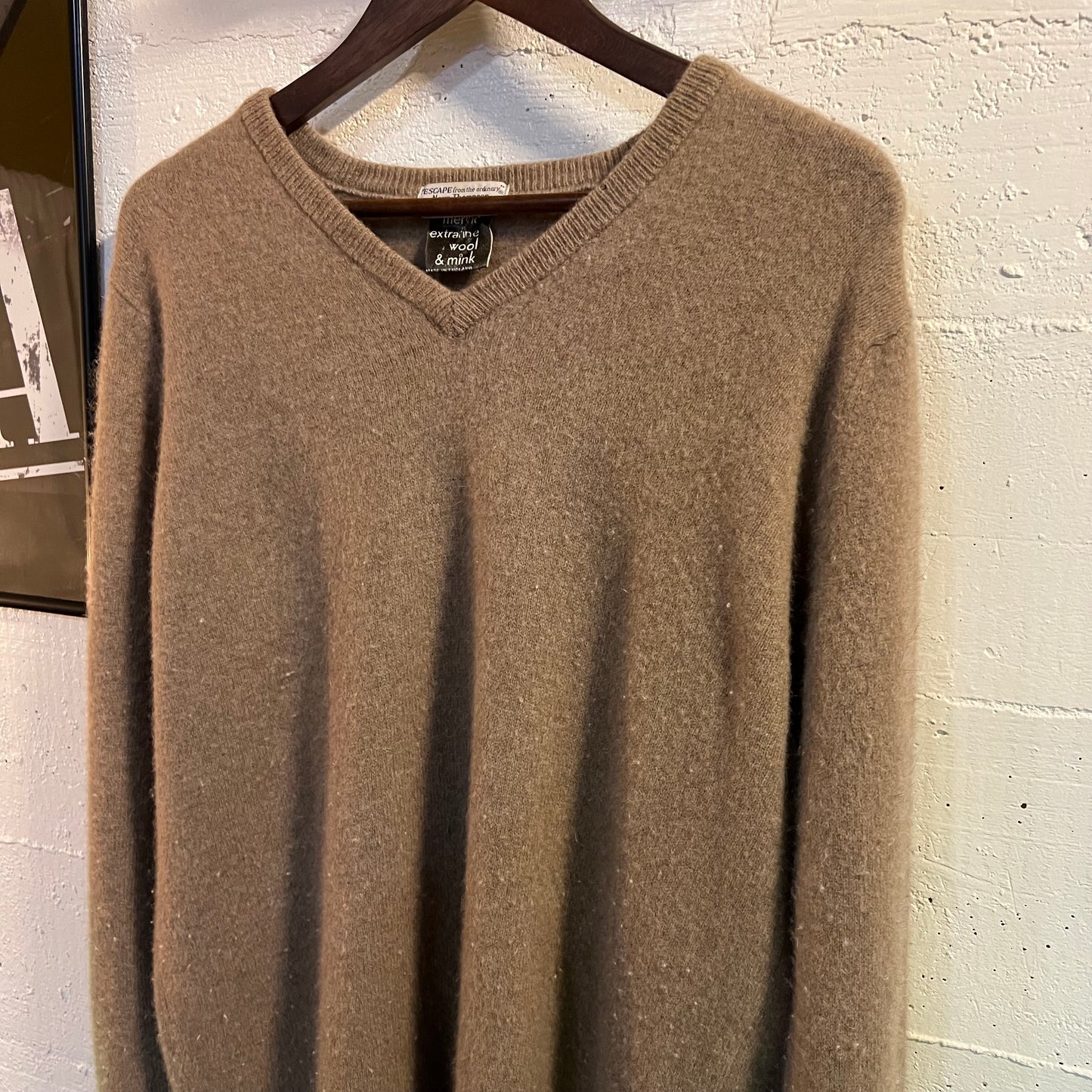 Vintage Norm Thompson Wool & Mink V Neck Sweater - Large - Made In England - Taupe