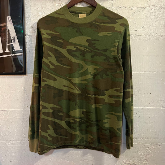 Vintage 80’s US Woodland Camo Long Sleeve Single Stitch T-Shirt - Size Large - Made In USA - Earth Toned