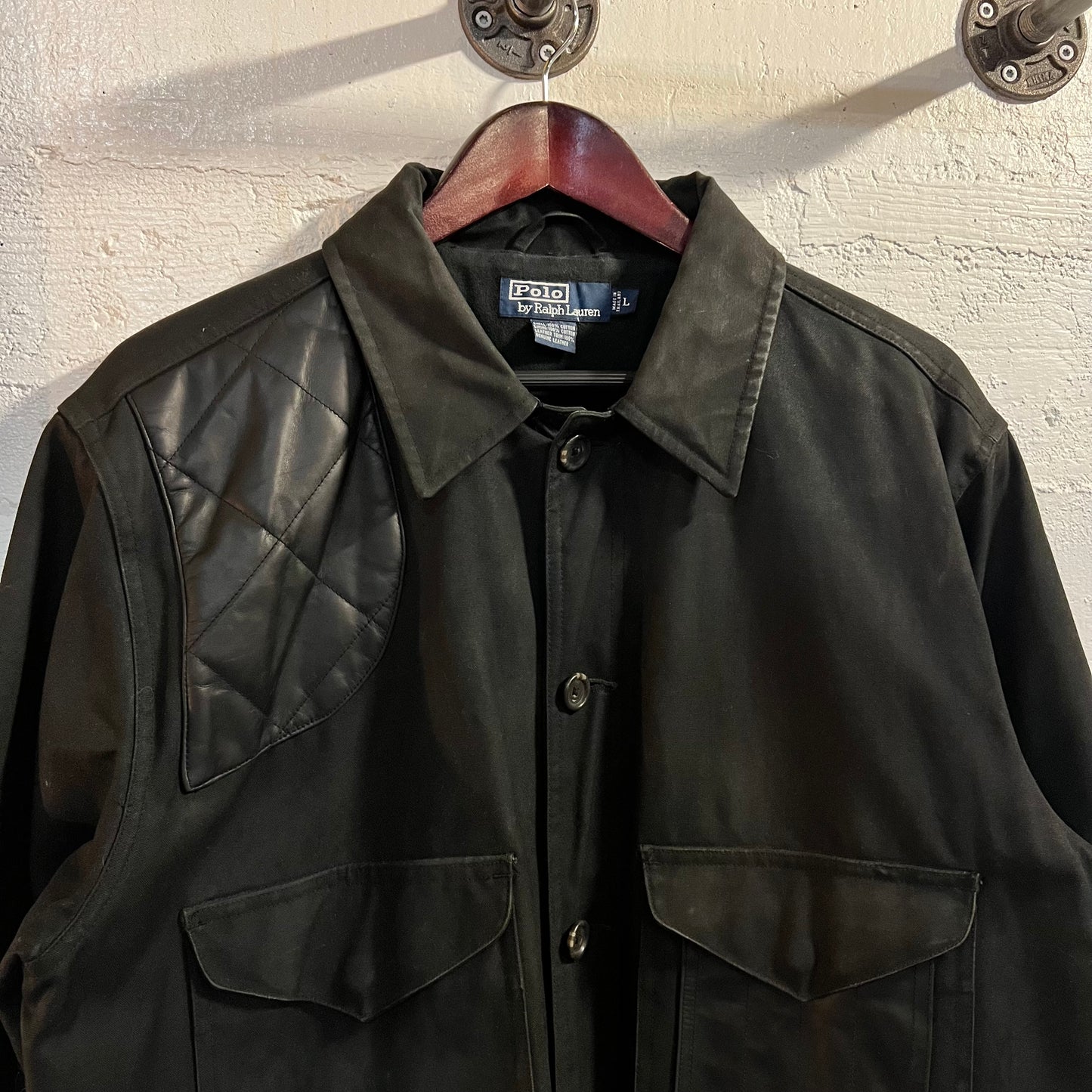 Vintage 90's Polo Ralph Lauren Waxed Canvas & Leather Hunting Jacket - Size Large - Black/Black