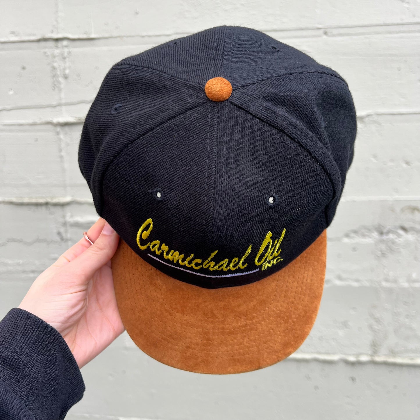 Vintage Embroidered Carmichael Oil Inc. Snap Back W/ Leather Bill Hat - One Size Fits Most - Black/Yellow/White/Brown