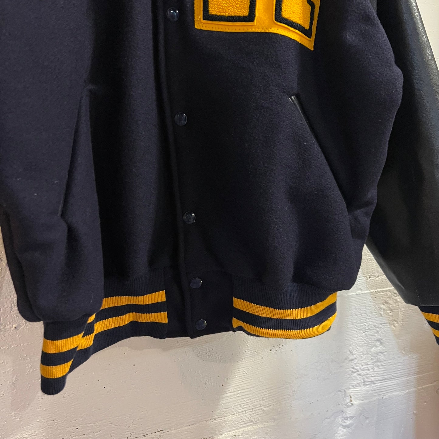 Vintage 1970's Awards USA Naugalite Wool Varsity Jacket - Size Large - Made In USA - Navy/Gold