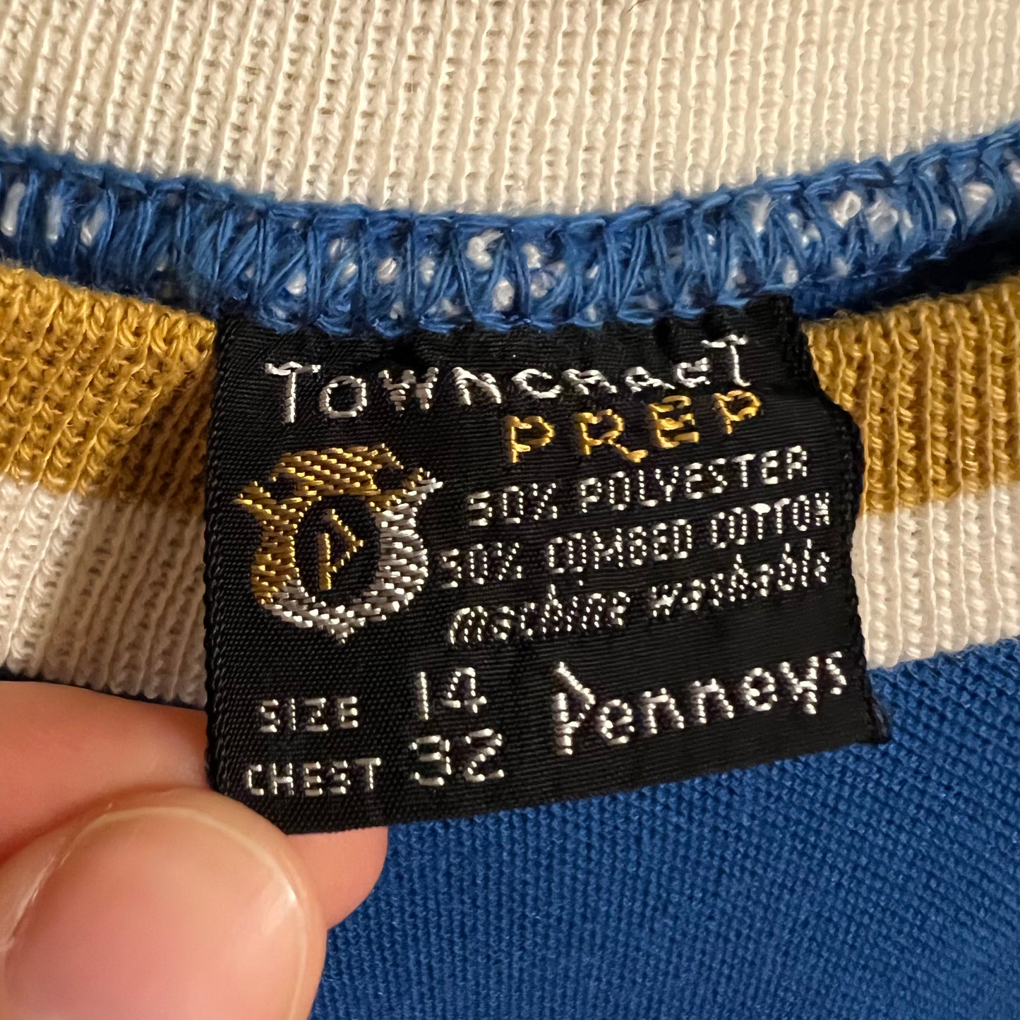 True Vintage 1960’s Penney’s Towncraft Trinity Knot Knitted Ringer Pocket Baby T-Shirt - Size XS (14) - Made In USA - Blue/White/Mustard