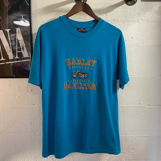Vintage Embroidered Harley Davidson ‘World Class Motorcycles’ Single Stitch T-Shirt - Size Large - Blue/Multi