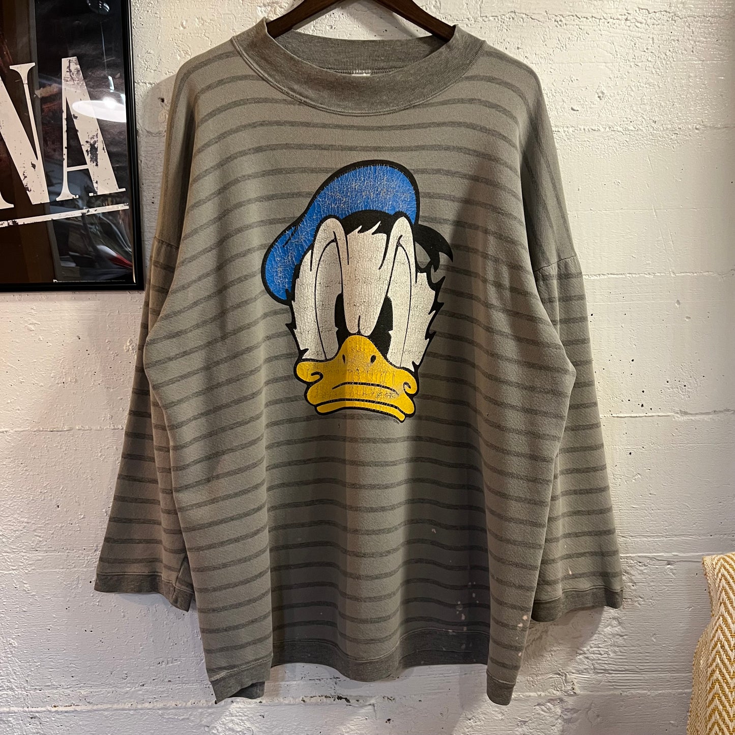Vintage Distressed Disney Donald Duck Striped Mock Neck Crewneck Sweatshirt - Size XL/XXL - Made In USA - Grey/Multi