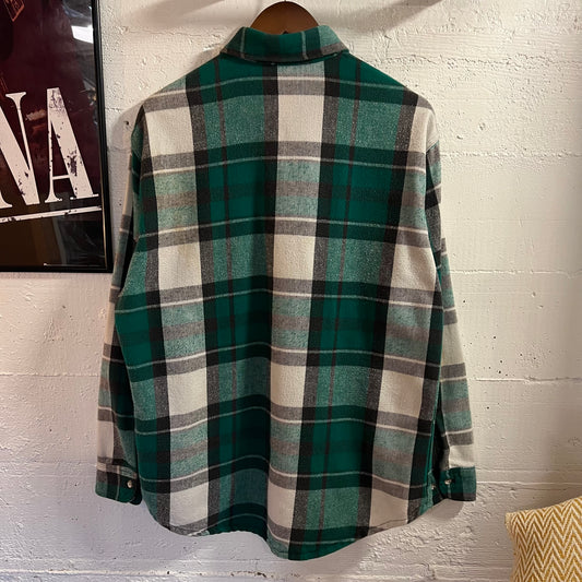 Vintage 80’s St.John’s Bay Big Mac Plaid Flannel Double Pocket Button Up Shirt - Size Large Regular - Made In USA - Green/White/Black