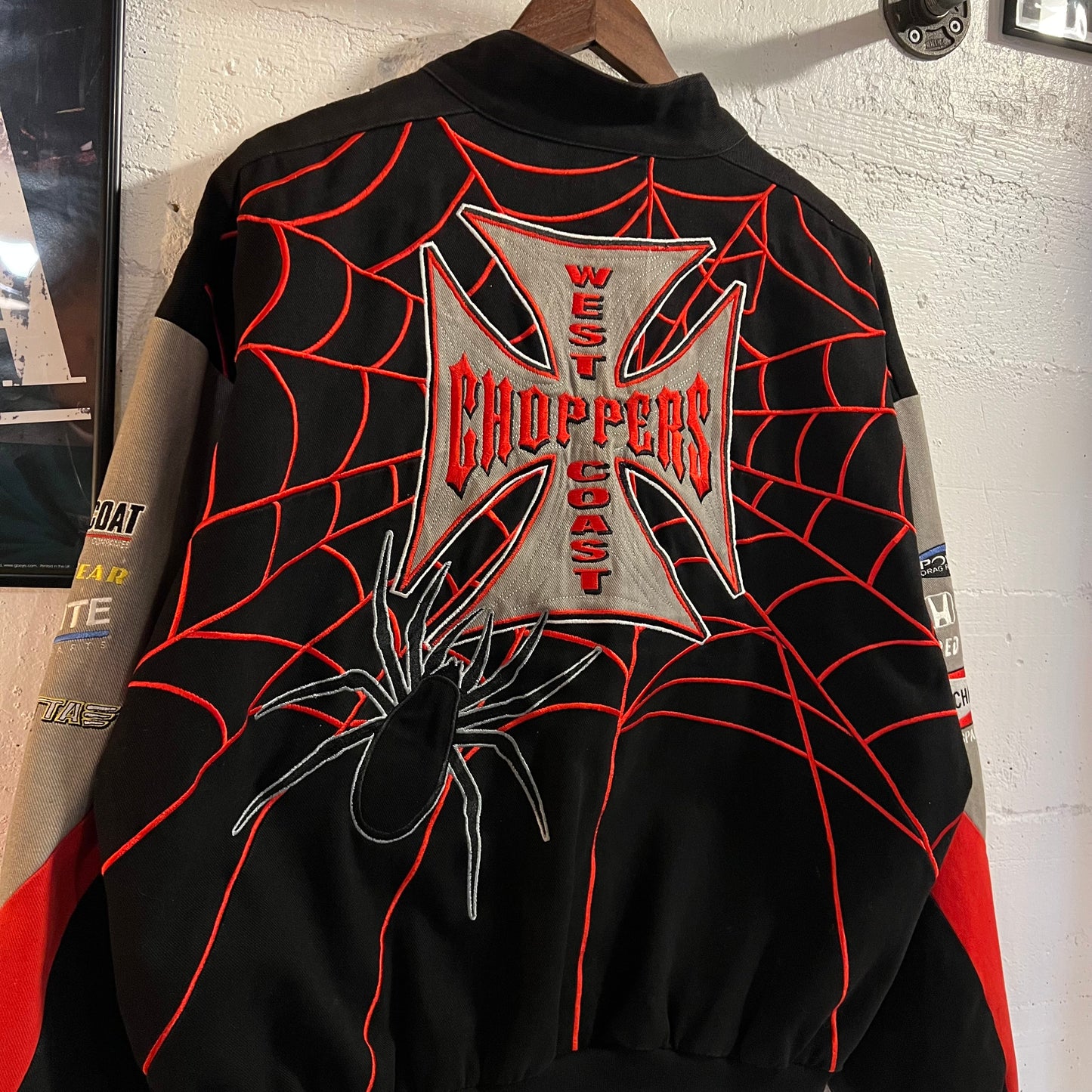 Vintage West Coast Choppers Mac Tools Embroidered Spider Web Racing Jacket - Size Medium - Black/Red/Gray