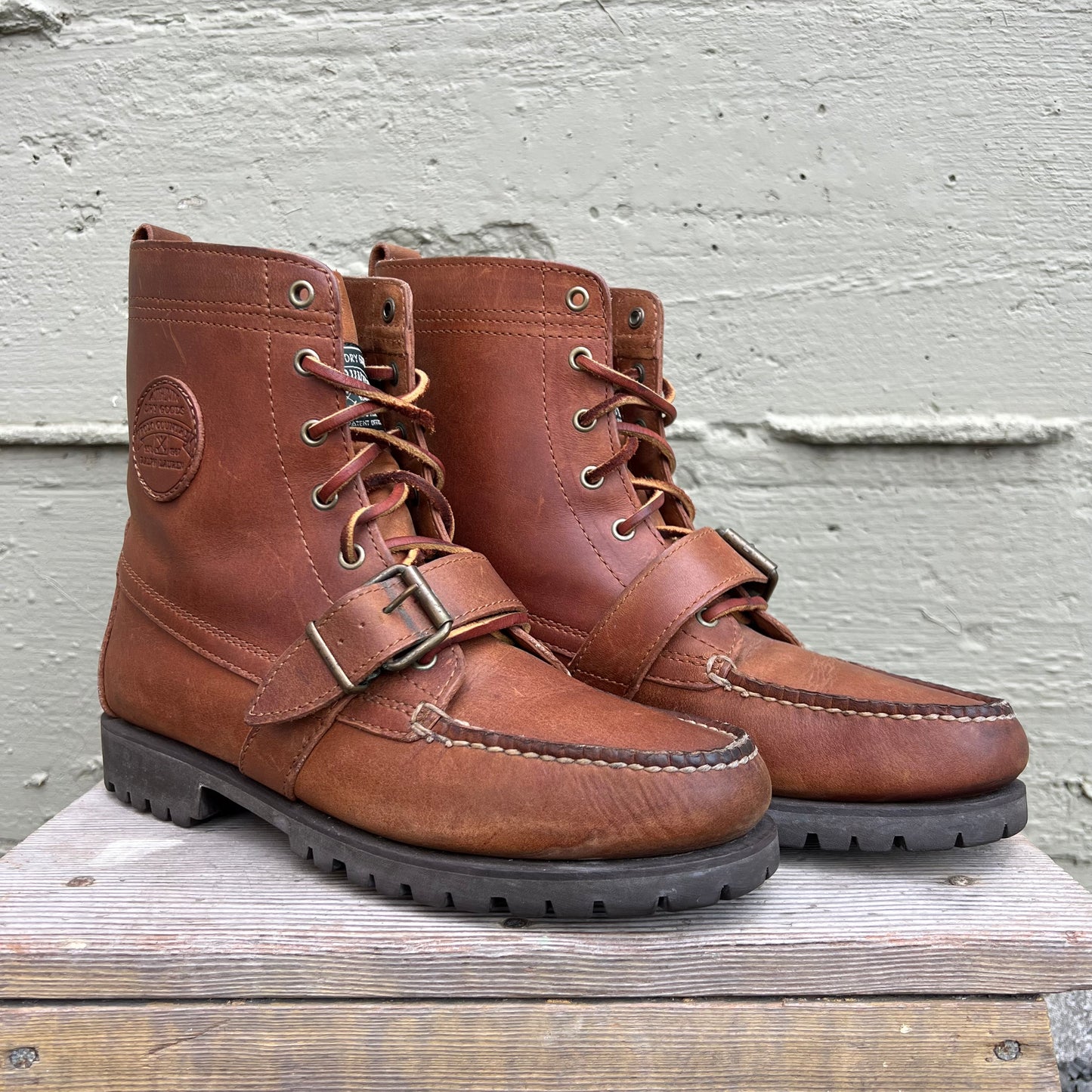 Vintage 90's Ralph Lauren Polo Country 'Ranger' Lace Up Leather Moc Toe Boots - Size 9M/10.5W - Brown Leather