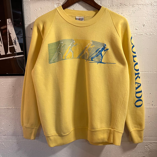 Vintage 80’s Colorado Skiing Raglan Sleeve Crewneck Sweatshirt - Size Large - Yellow/Green/Blue