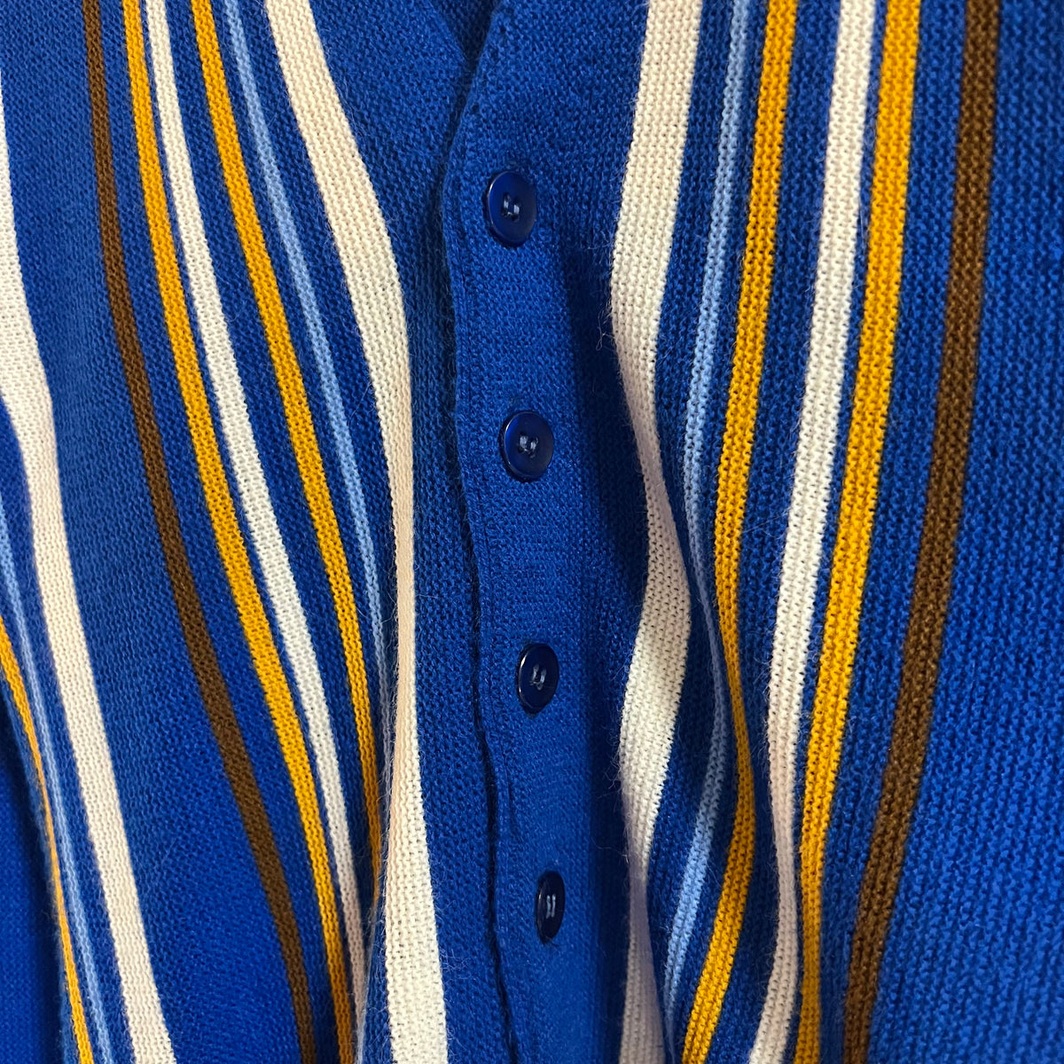 Vintage 60’s Campus Vertical Striped Knitted Cardigan Sweater - Size Youth XL (16) - Made In USA - Royal Blue/Multi