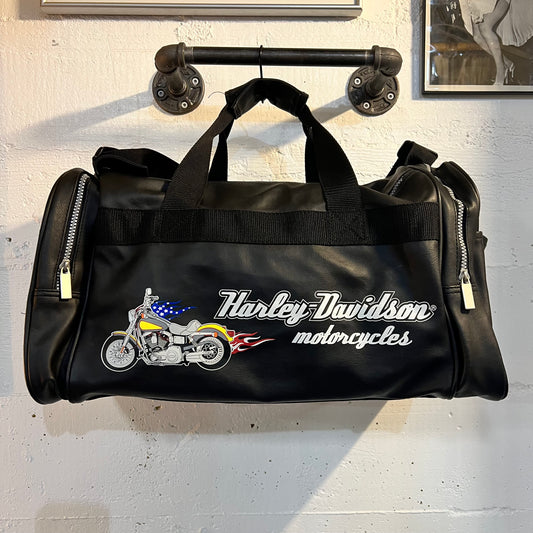 Vintage Harley-Davidson Motorcycles Leather Duffle Bag - Size Large O/S - Black/White/Multicolor