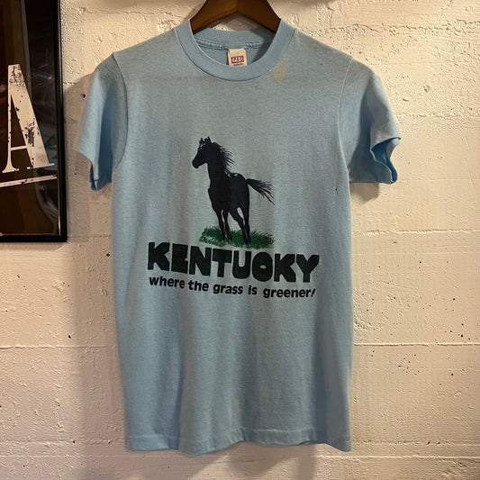 Vintage 70’s-80’s Distressed Kentucky Horse Graphic Single Stitch T-Shirt - Size Small - Made In USA - Baby Blue/Black/Green