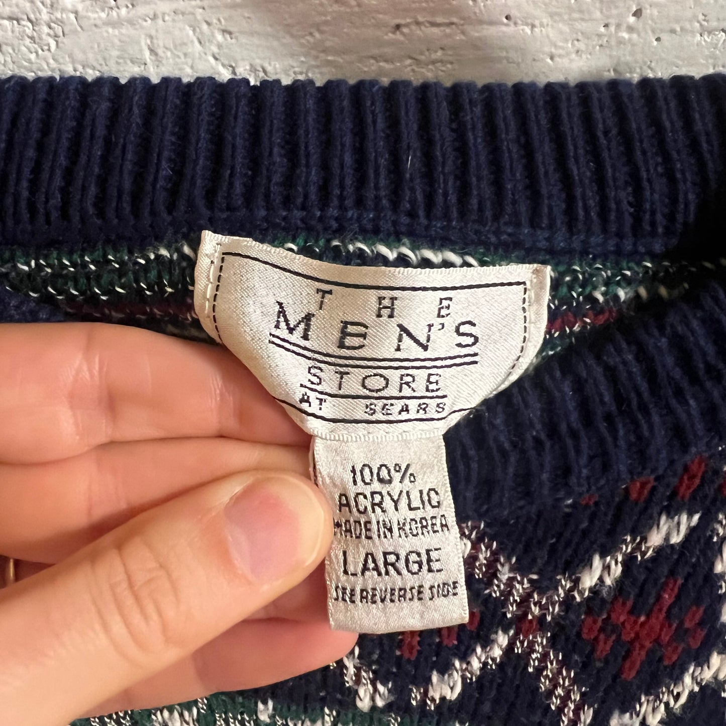 Vintage 80’s/90’s The Men’s Store At Sears Abstract Patterned Knitted Sweater - Size Large - Navy/Red/White/Green