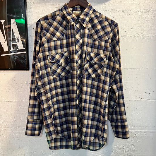 True Vintage 60's - 70's Sears Western Wear Plaid Pearl Snap Flannel - Size Medium - Made In USA - Blue/White/Yellow/Orange