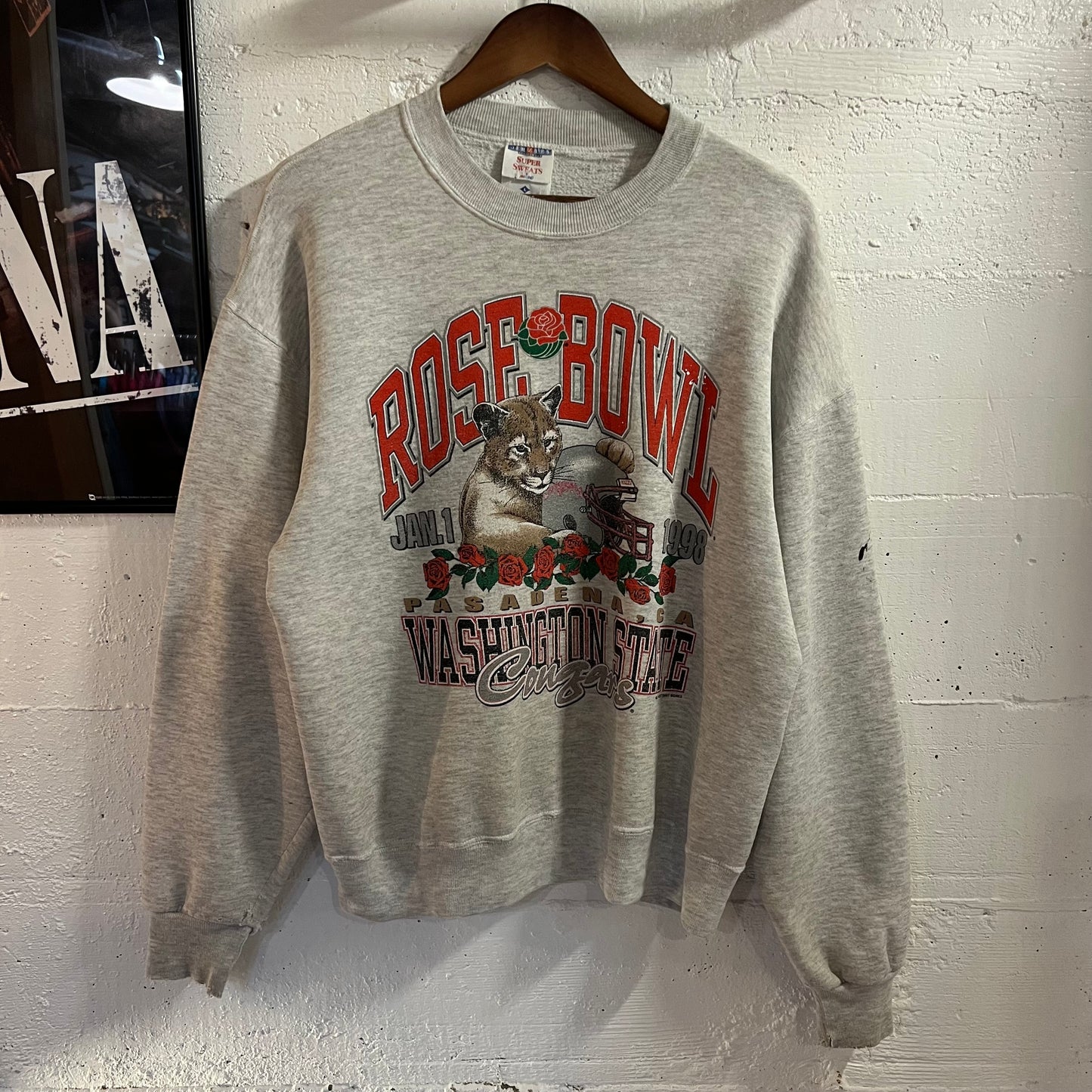 Vintage 1998 Distressed Washington State Cougars ‘Rose Bowl’ Graphic Crewneck Sweatshirt - Size Large - Made In USA - Heather Grey/Multi