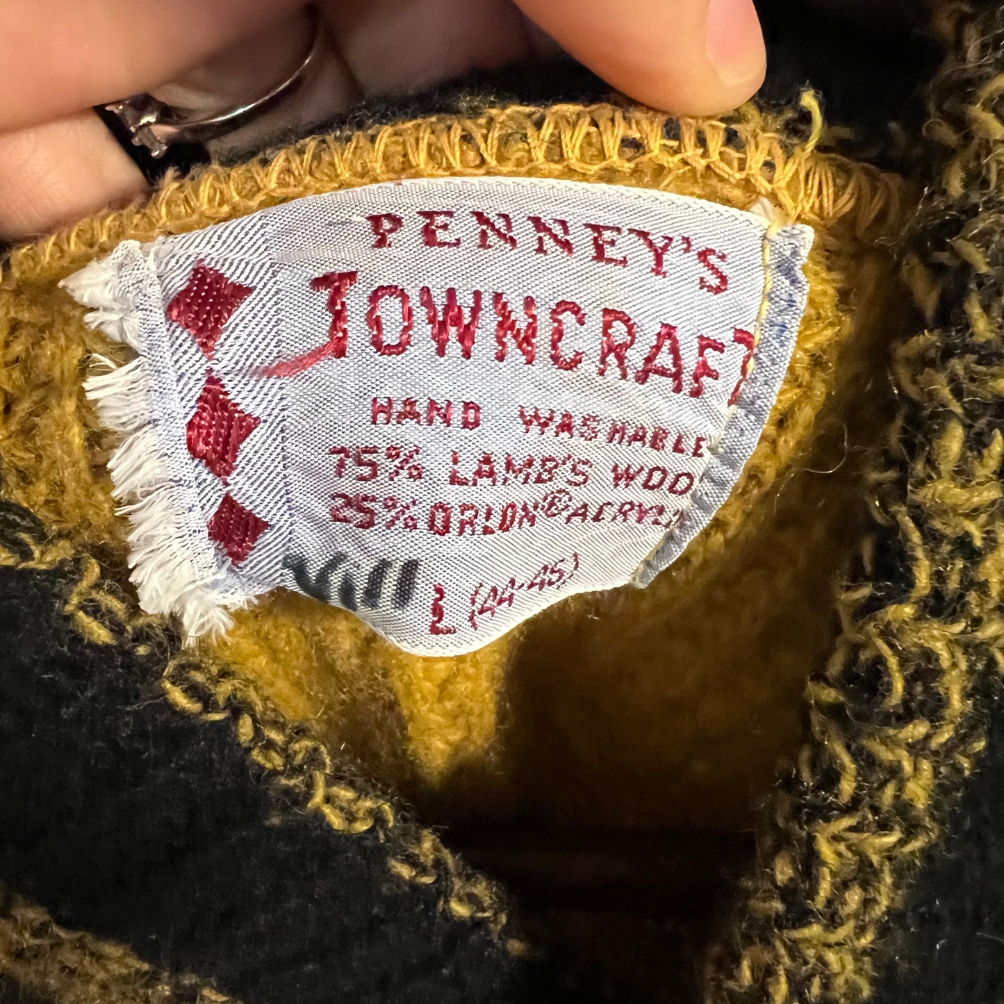 True Vintage 1950's Penney’s Towncraft Lambs Wool Large Shawl Collar Waffle Knit Sweater - Size Large - Mill 8244 - Mustard Yellow/Black