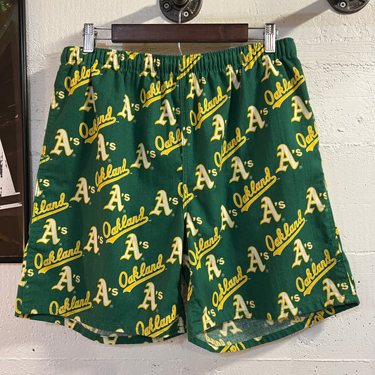 Vintage 1988 MLB Oakland Athletics By College Concepts All Over Print Shorts - Size Large - Made In USA - Green/Yellow/White