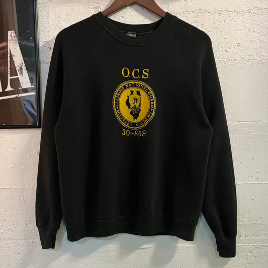 Vintage Early 1980's Illinois National Guard Officer Candidate School (O.C.S.) Raglan Crewneck Sweatshirt - Size Large - Made In USA - Black/Gold