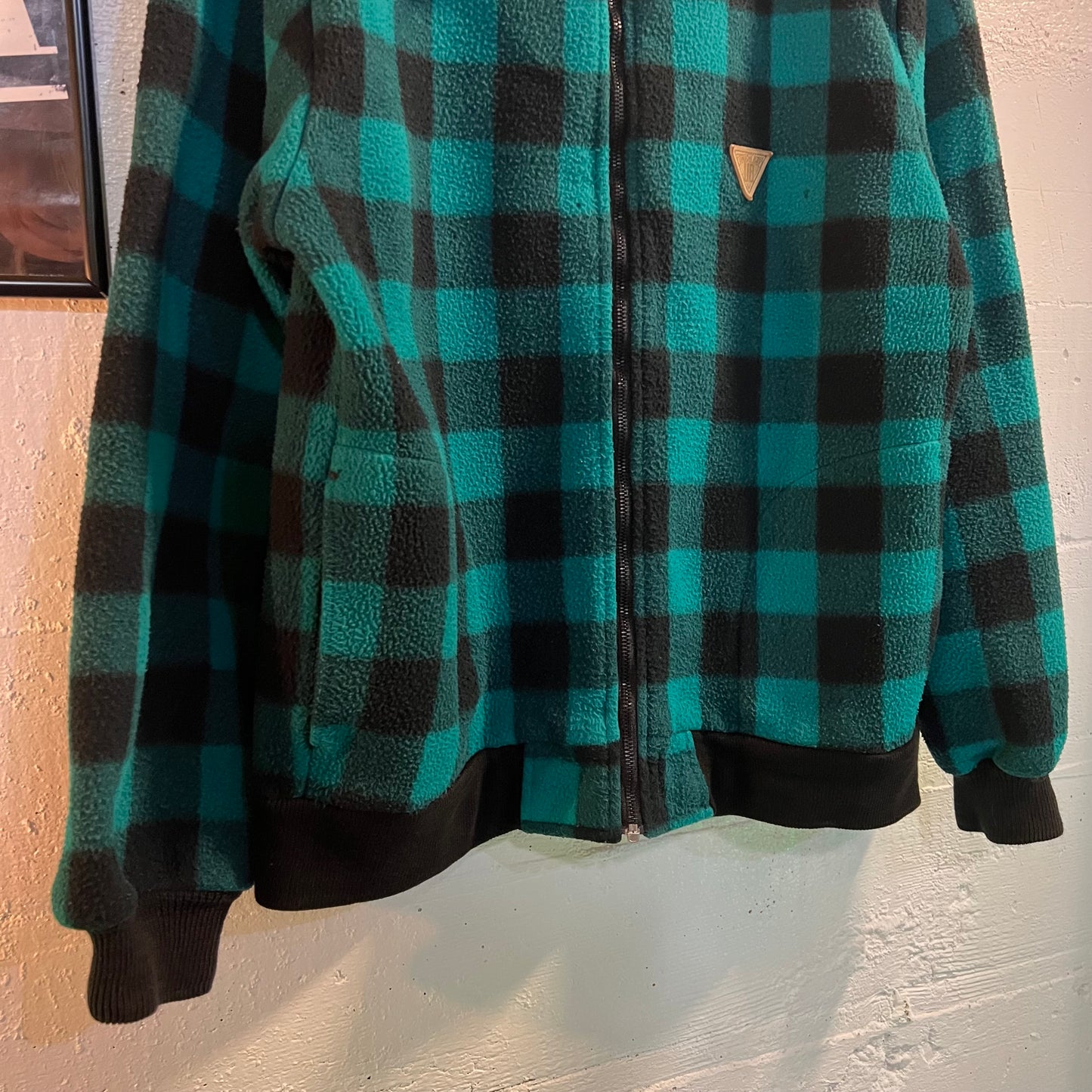 Vintage 90's Union Bay Buffalo Plaid Zip-Up Fleece Jacket - Size Large - Made In USA - Teal/Black