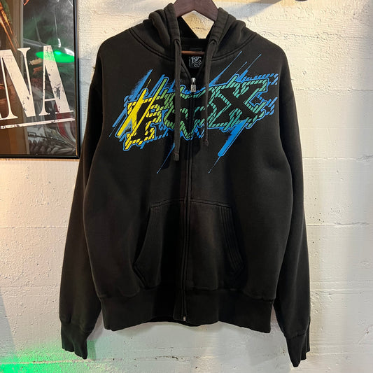 Vintage Y2K Fox Racing Fleece Lined Zip-Up Sweatshirt - Size Large - Black/Blue/Yellow