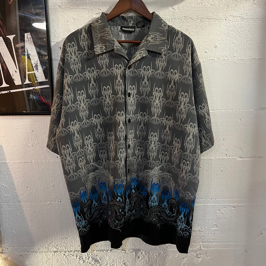 Vintage Y2K ODO Tribal Dragon All Over Print Camp Shirt - Size XL - Gray/Blue/Black