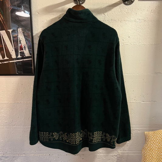 Vintage 90’s Woolrich Full-Zip Floral Print Long Fleece Coat - Size XL - Made In USA - Forest Green/Black/Tan