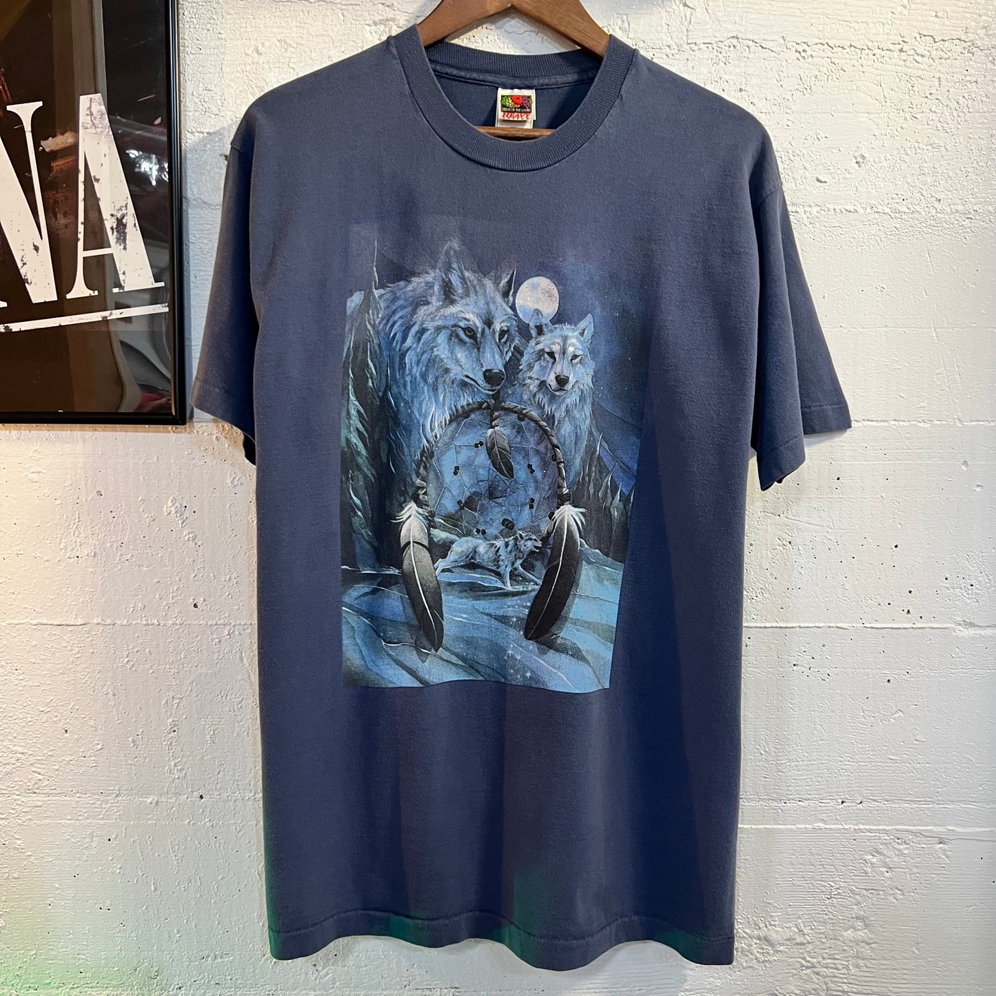 Vintage Nature Wolf Dream Catcher Single Stitch T-Shirt - Size Large - Blue