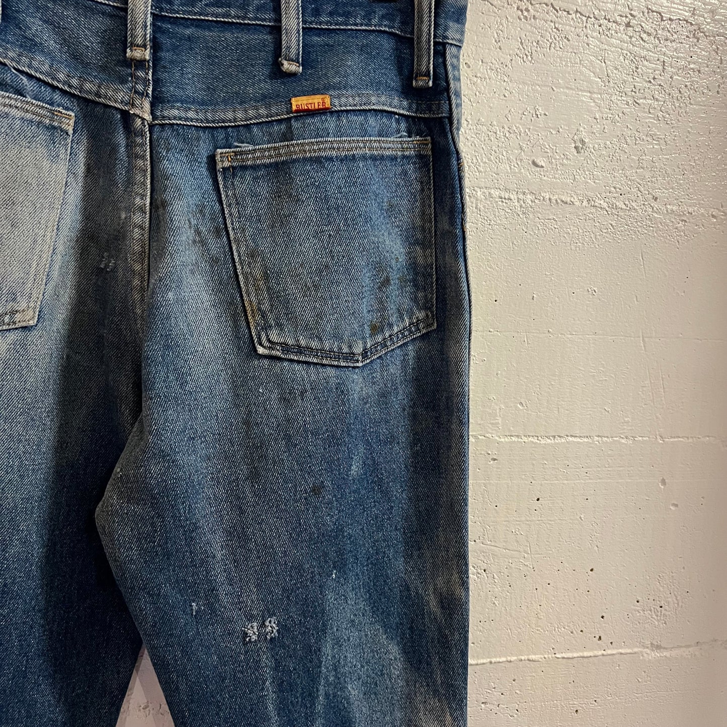 Vintage 70's/80's Rustler Faded Distressed Patch Denim Jeans - Size 32" x 32" - Made In USA - 87620 - Light Faded Indigo