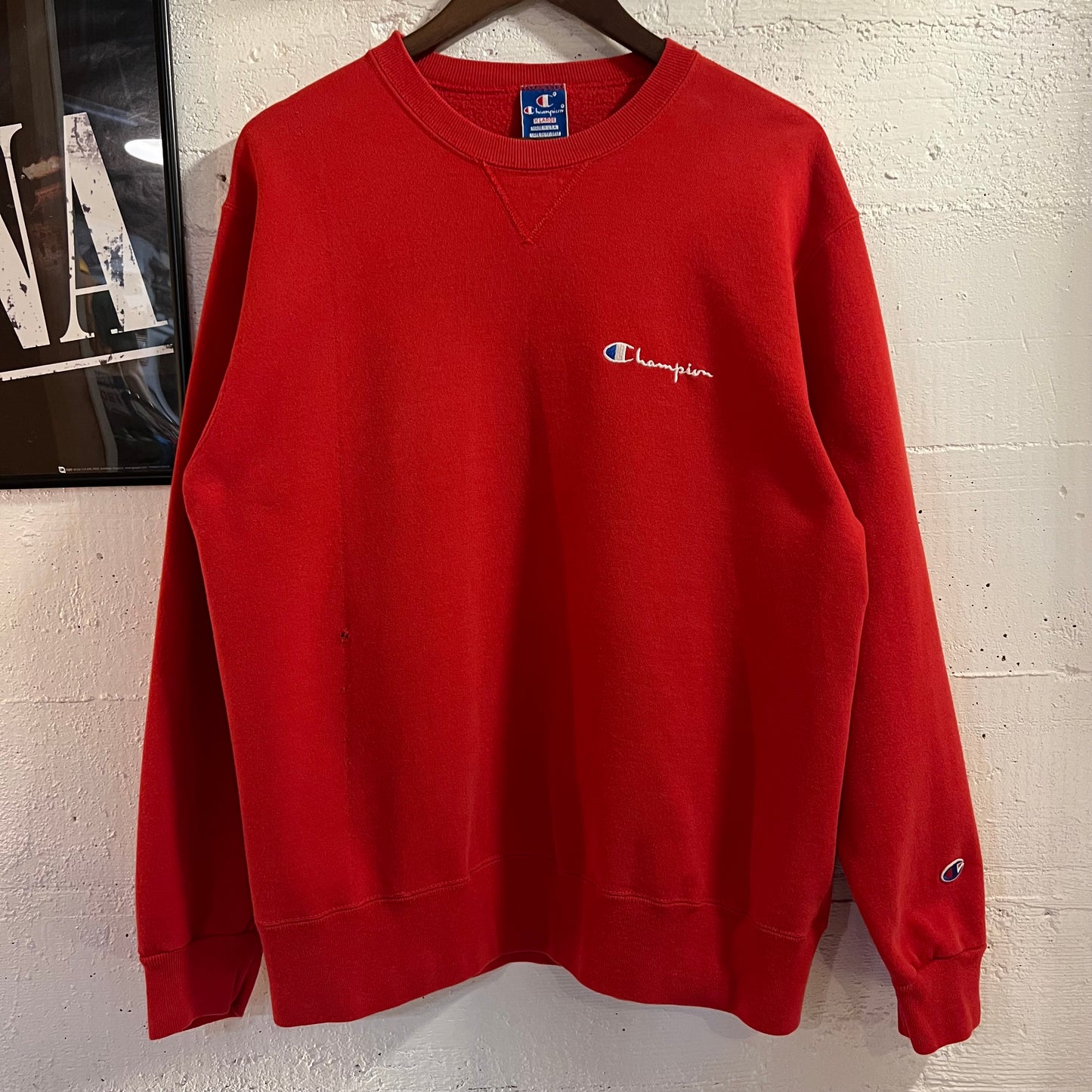 Vintage 80's/90's Champion Classic Script Embroidered Single "V" Crewneck Sweatshirt - Size XL - Made In USA - Red