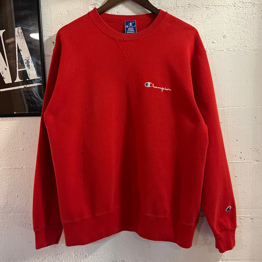 Vintage 80's/90's Champion Classic Script Embroidered Single "V" Crewneck Sweatshirt - Size XL - Made In USA - Red