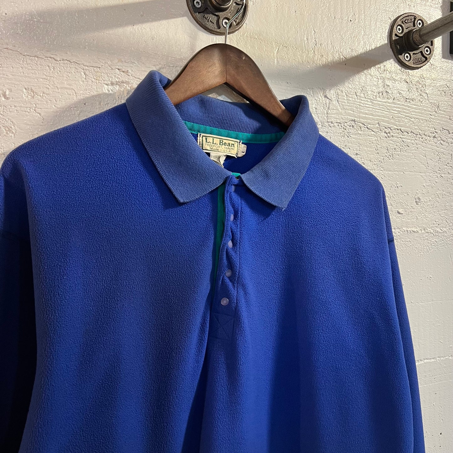 Vintage 80's L.L. Bean Fold Down Collar Pullover Snap Fleece Overshirt - Size Large - Made In USA - Blue/Green
