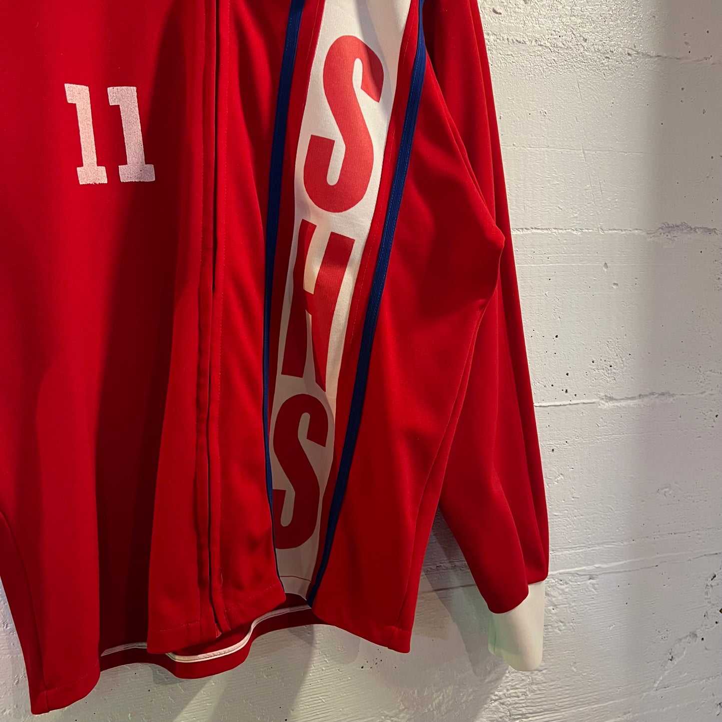 Vintage 60’s/70’s Spanjian SHS ‘#11’ Long Horn Athletic Windbreaker Zip Up Jacket - Size Large - Made In USA - Red/White/Blue