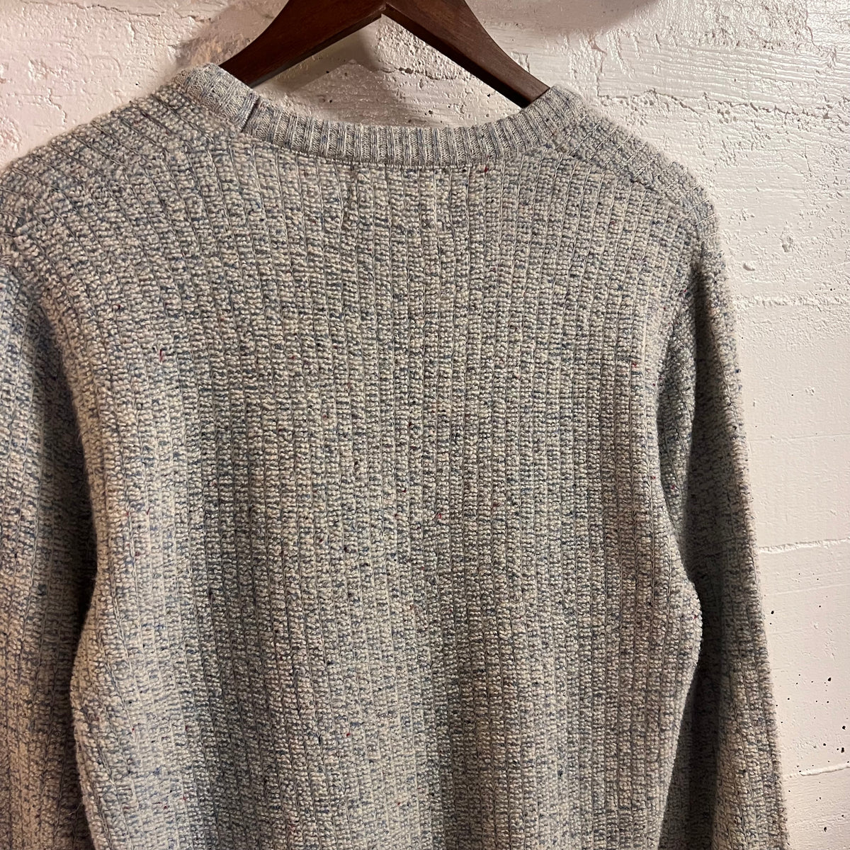Vintage 70’s Sears Kings Road Vertical Ribbed Flecked Tweed V-Neck Knitted Sweater - Size Medium - Blue/Grey/Multi