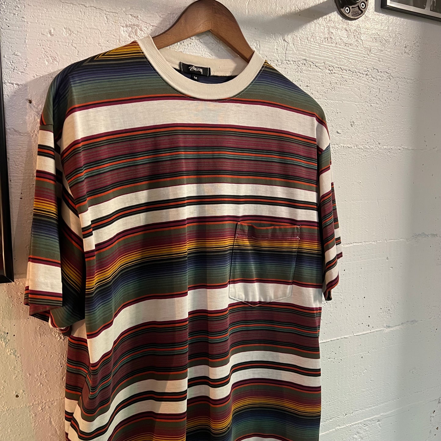 Vintage 80's Stüssy Embroidered Crown Striped Tom Tom Pocket T-Shirt
 - Size Medium - Made In USA