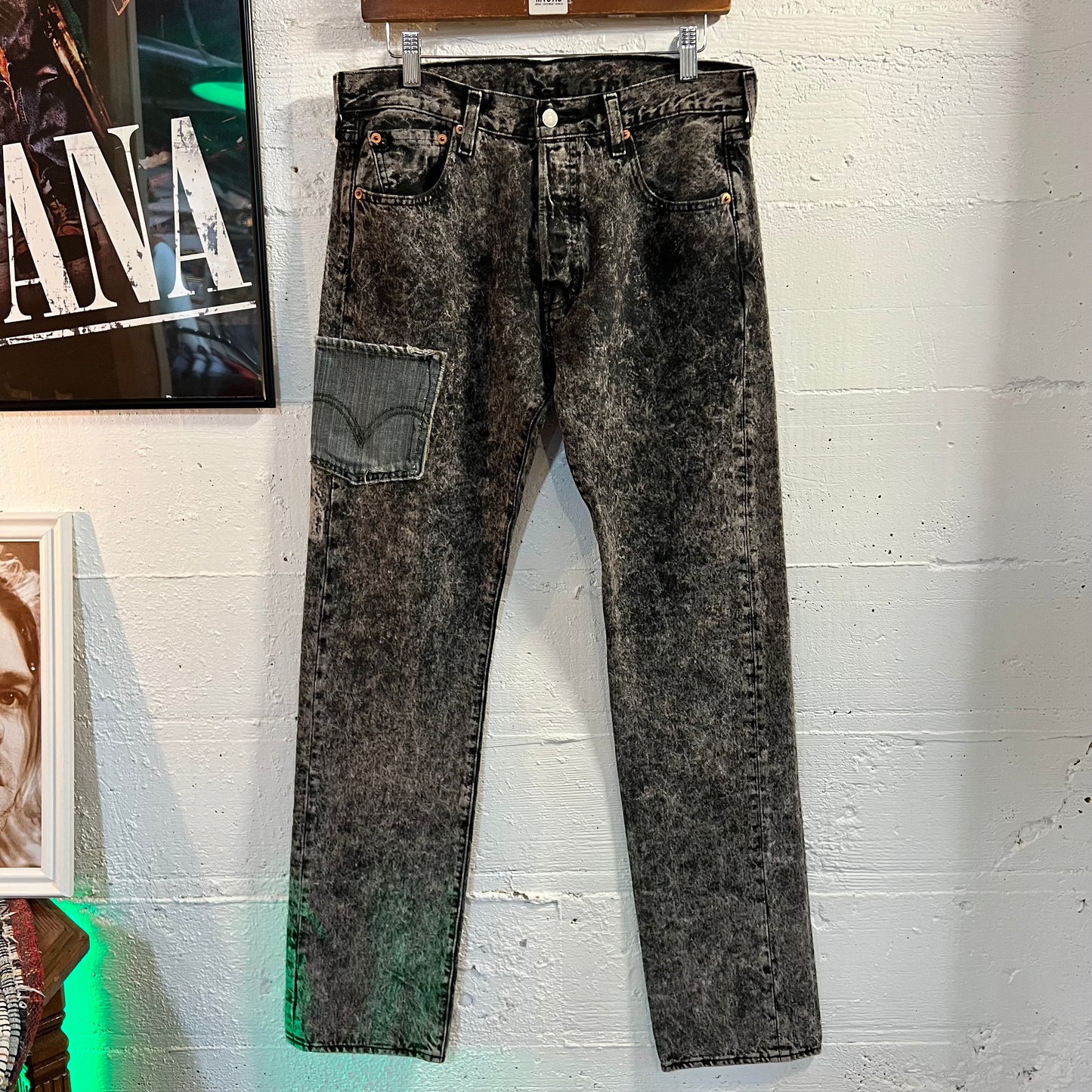 Reworked Levi's 501 Acid Wash Denim Jeans - Size 30 x 34 - Black