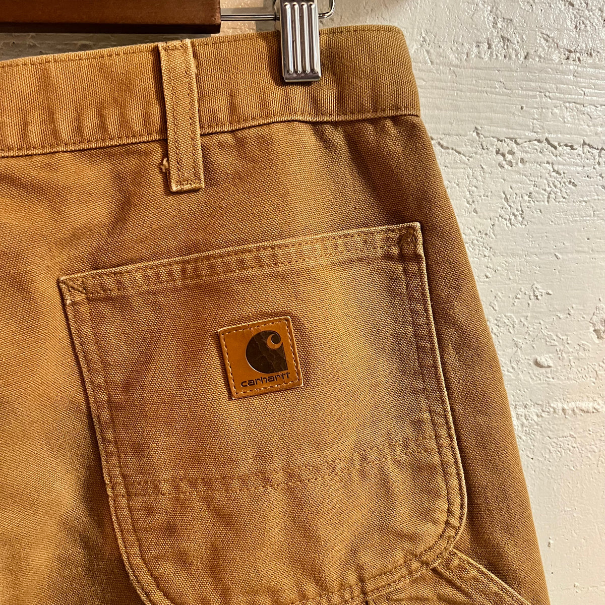 Distressed Carhartt Duck Canvas Original Dungaree Fit Carpenter Work Pants - Size 32" x 29" - 100% Cotton - Tan - B11-BRN