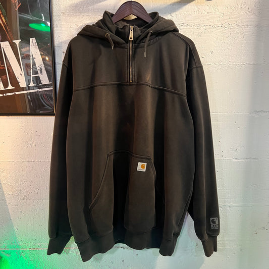 Distressed Carhartt Rain Defender Pullover 1/4 Zip Hooded Sweatshirt - Size XLT - Faded Black