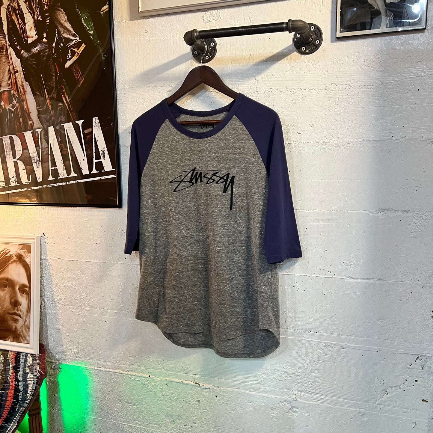 Stüssy Raglan 3/4 Sleeve Spell-out Baseball Tee - Size Large - Gray/Navy