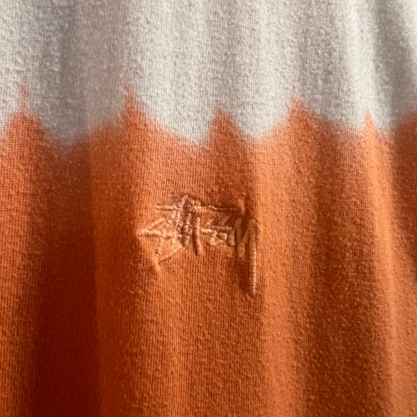 *Pre-Owned* Stüssy Bleach Dyed Embroidered Logo T-Shirt - Size Medium - Coral/White
