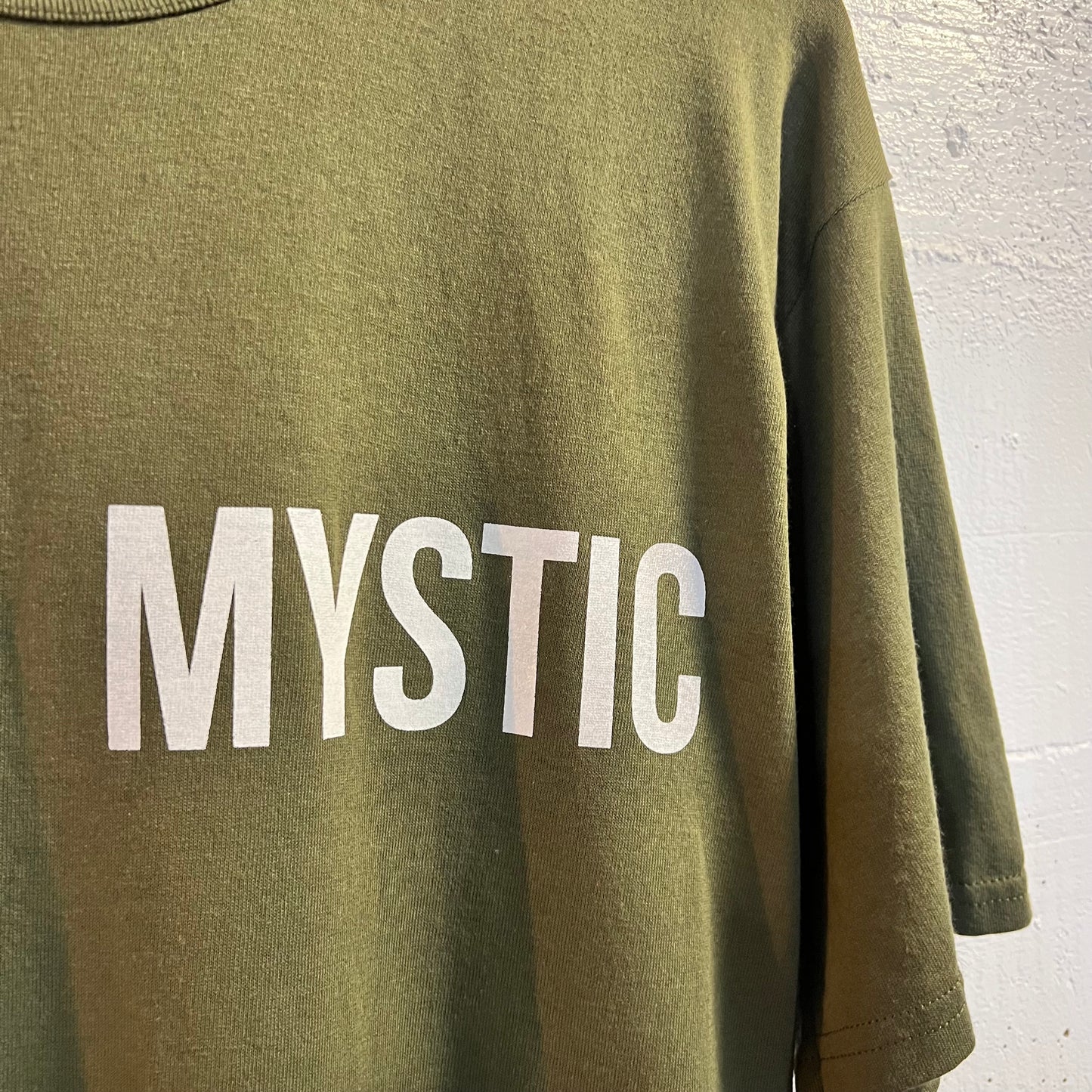 Vintage MYSTIC™ (Past/Present/Future) T-Shirt - Size Large - Made In USA - Olive Drab/Mystic White