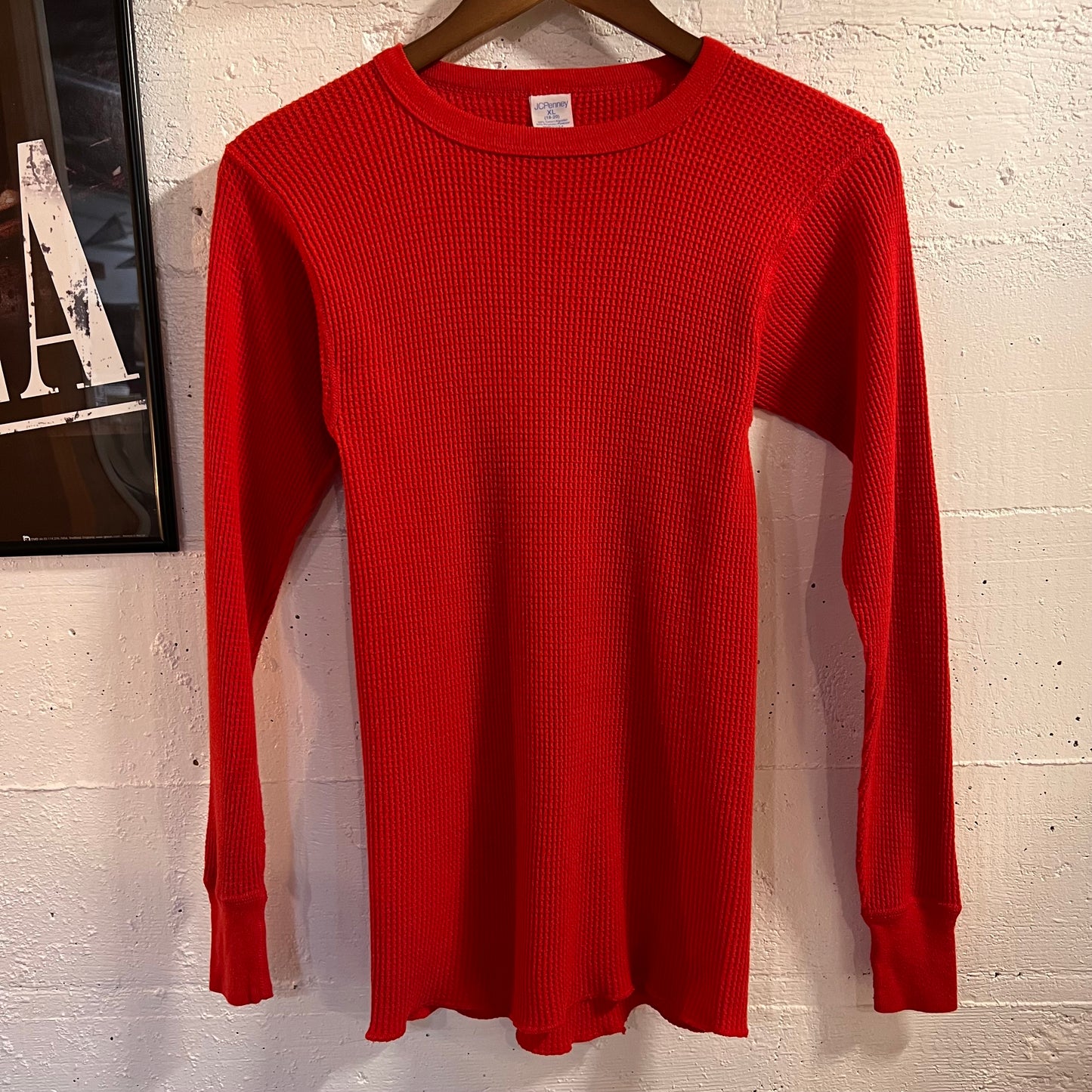 Vintage 80's JCPenney Waffle Knit Long Sleeve Thermal Shirt - Size Youth XL - Made In USA - Cotton/Poly Blend - Red