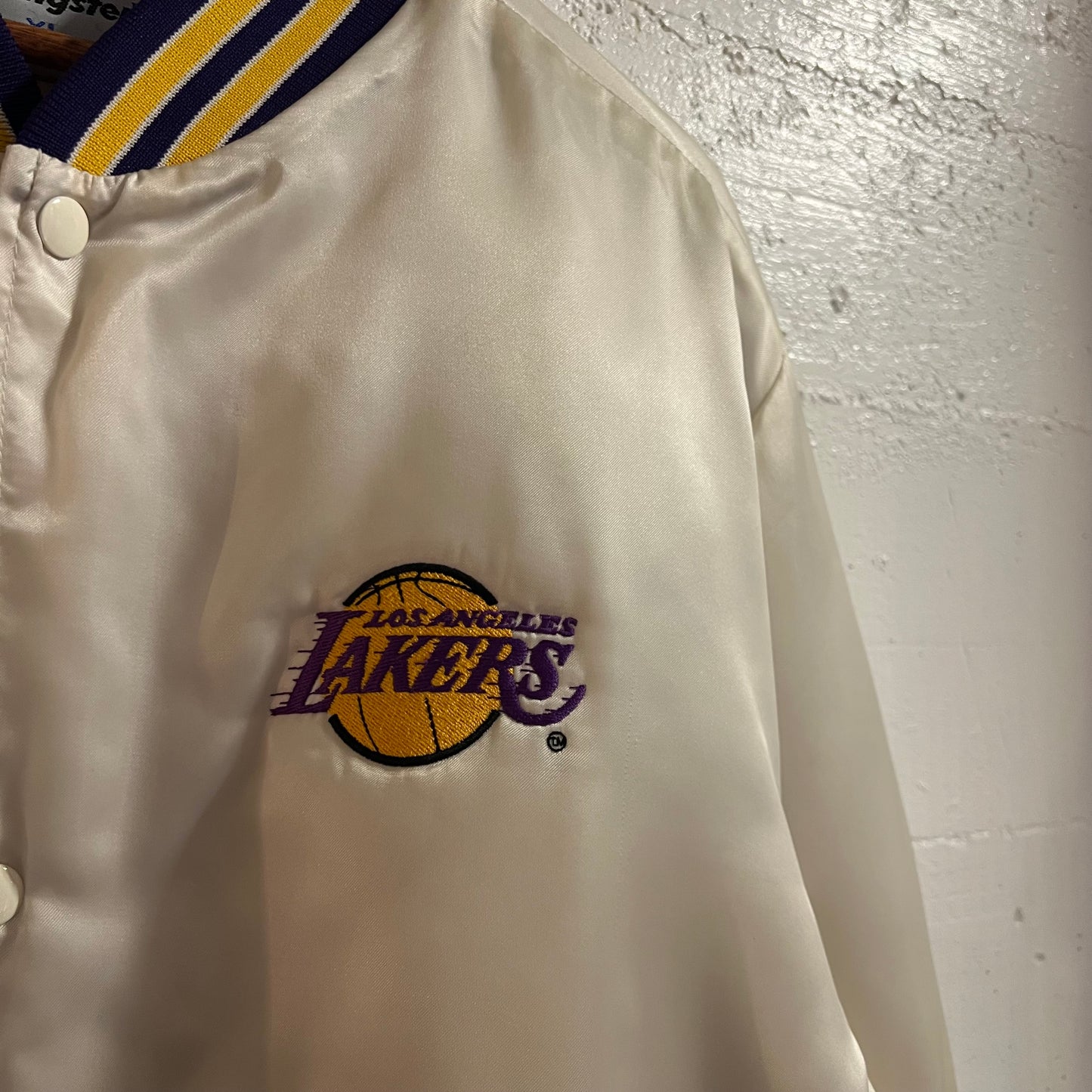 Vintage 90's Los Angeles Lakers Embroidered Swingster Satin Bomber Jacket - Size XL - Made In USA - White/Yellow/Purple