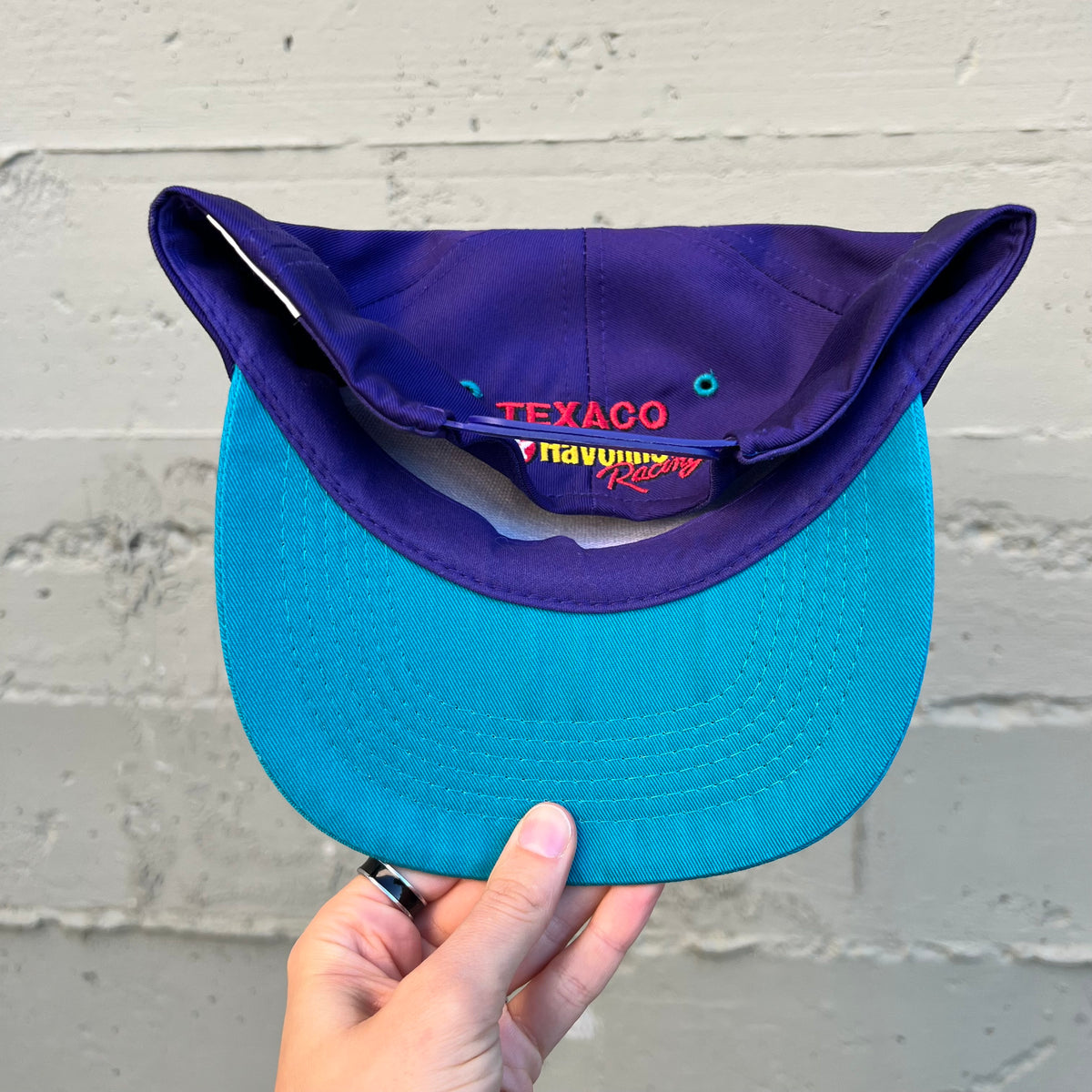 Vintage 1994 Mario Andretti #6 Texaco Racing 'A Legendary Finish' Embroidered 2-Tone Snapback Hat - O/S - Purple/Teal