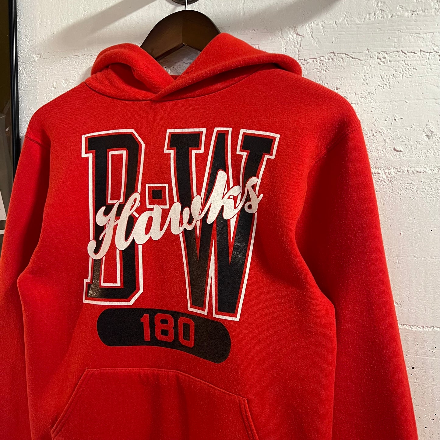 Vintage 90’s Russell Athletic B-W Hawks 180 Hoodie Sweatshirt - Size Small - Made In USA - Red/Black/White
