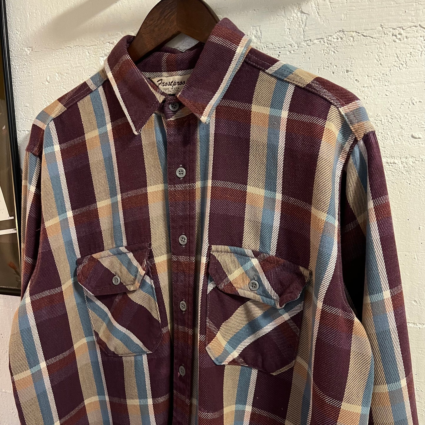 Vintage 80’s Frostproof Plaid Cotton Flannel Shirt - Size XL - Made In USA - Purple/Blue/Tan/White