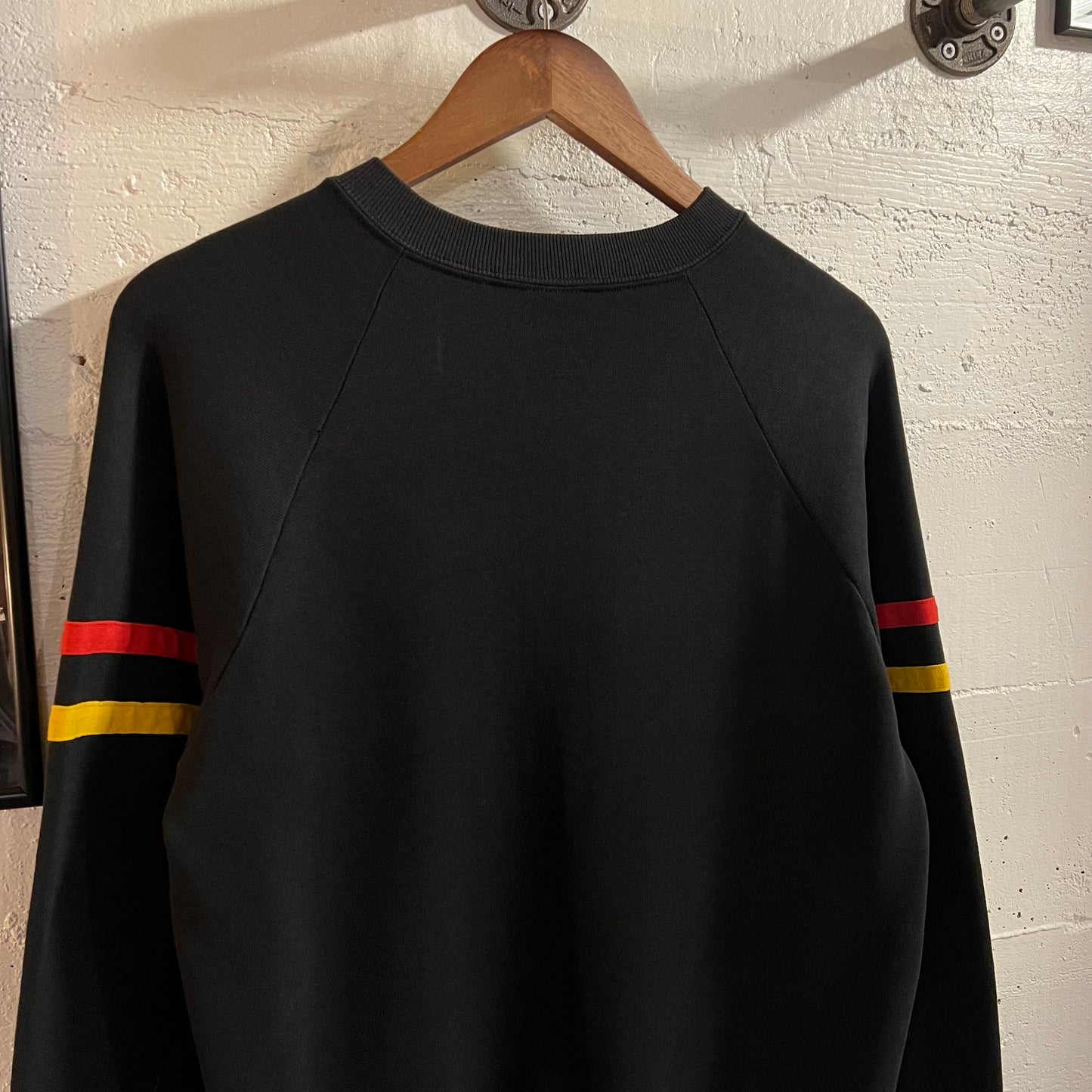 Vintage 80’s Distressed Disney Mickey Mouse Raglan Sleeve Crewneck Sweatshirt - Size Large - Made In USA - Black/Red/Yellow/White
