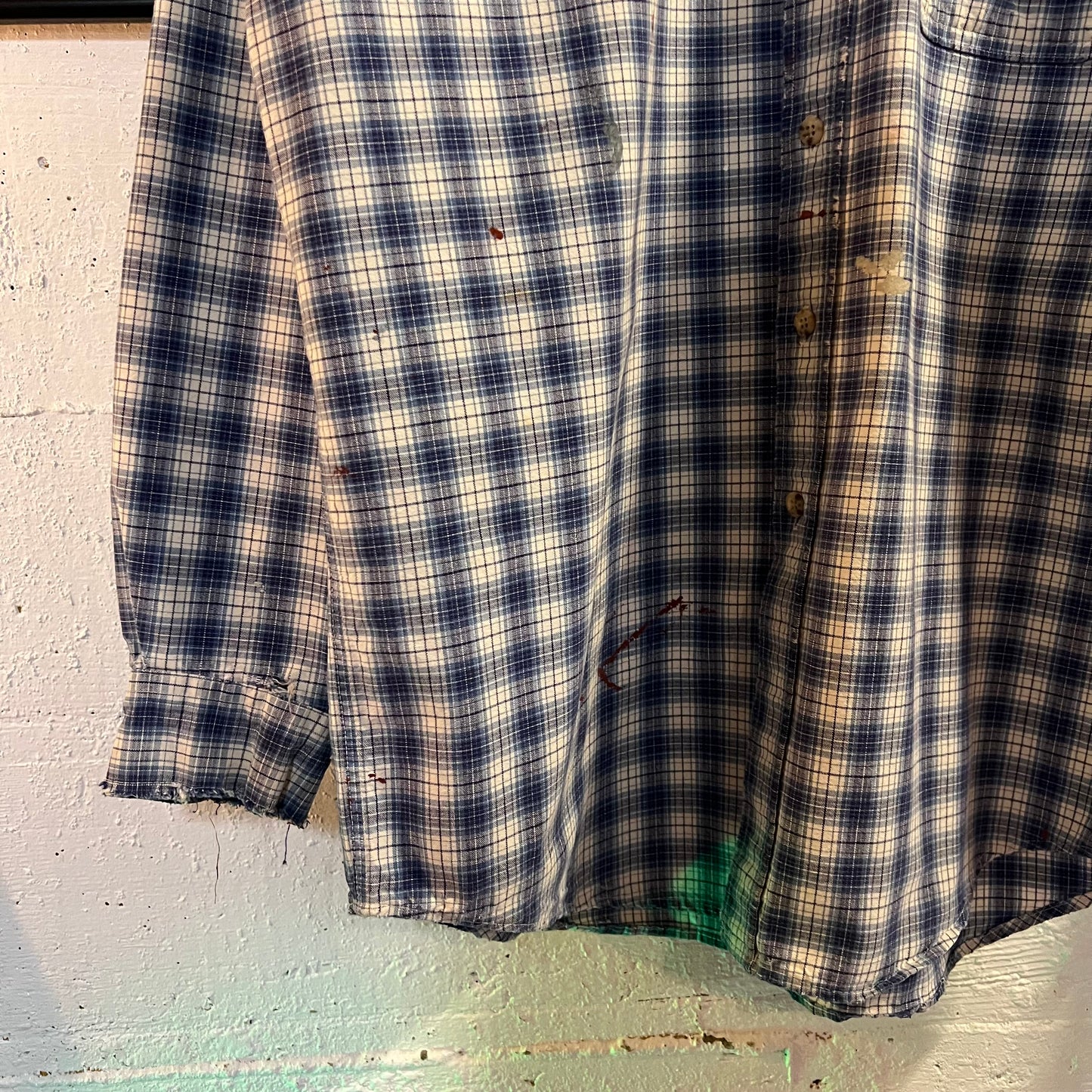 Vintage 90's Distressed Carhartt Painters Shadow Plaid Button Down Shirt - Size Medium - Union Made In USA - Blue/White