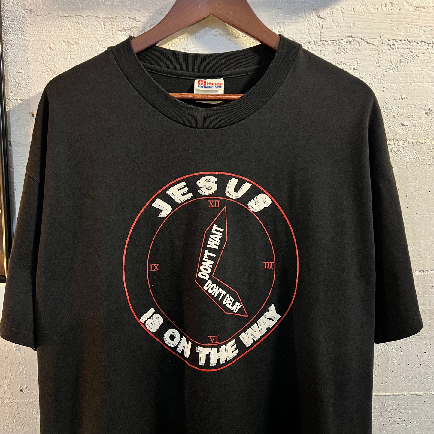 Vintage Jesus Is On The Way Clock T-Shirt - Size XL - Black/White/Red
