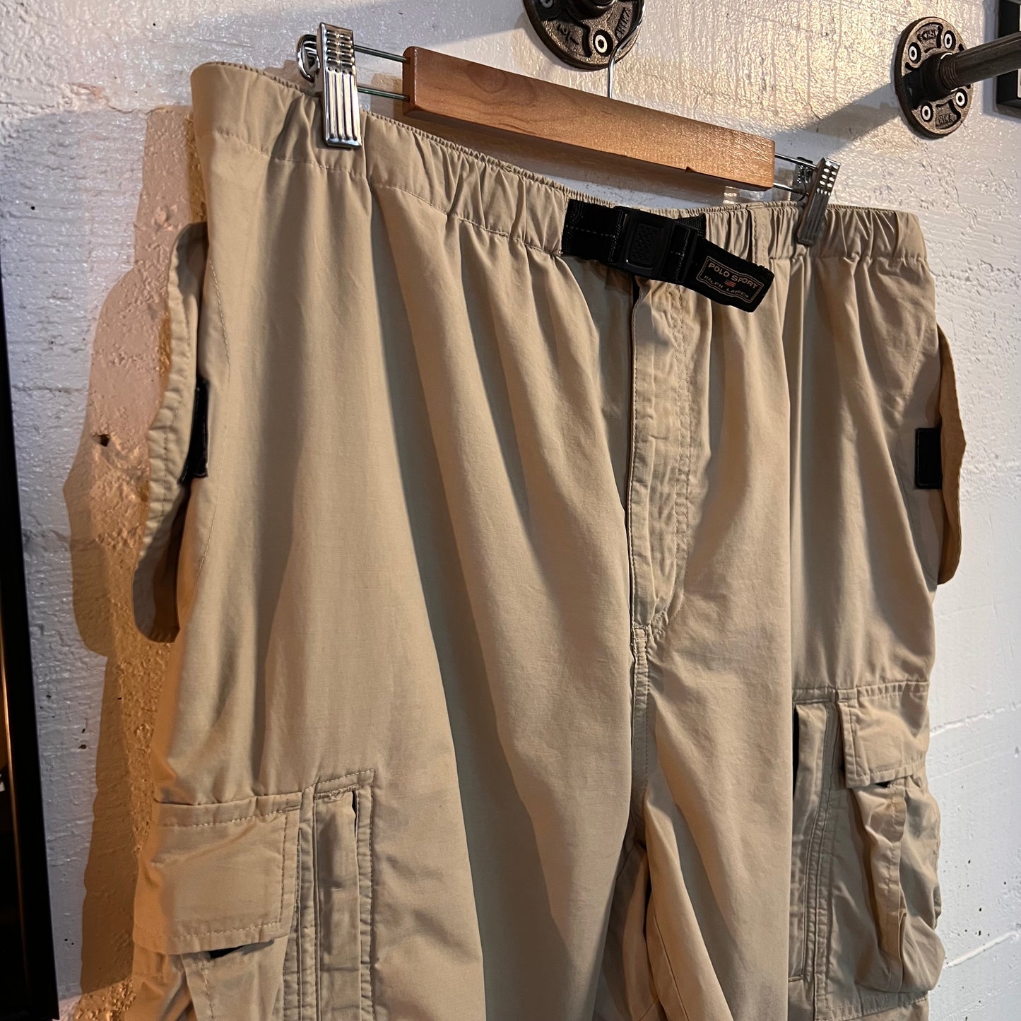 Vintage Polo Sport Nylon Cargo Shorts W/Extendable Waist Belt - Size Large - Khaki Color