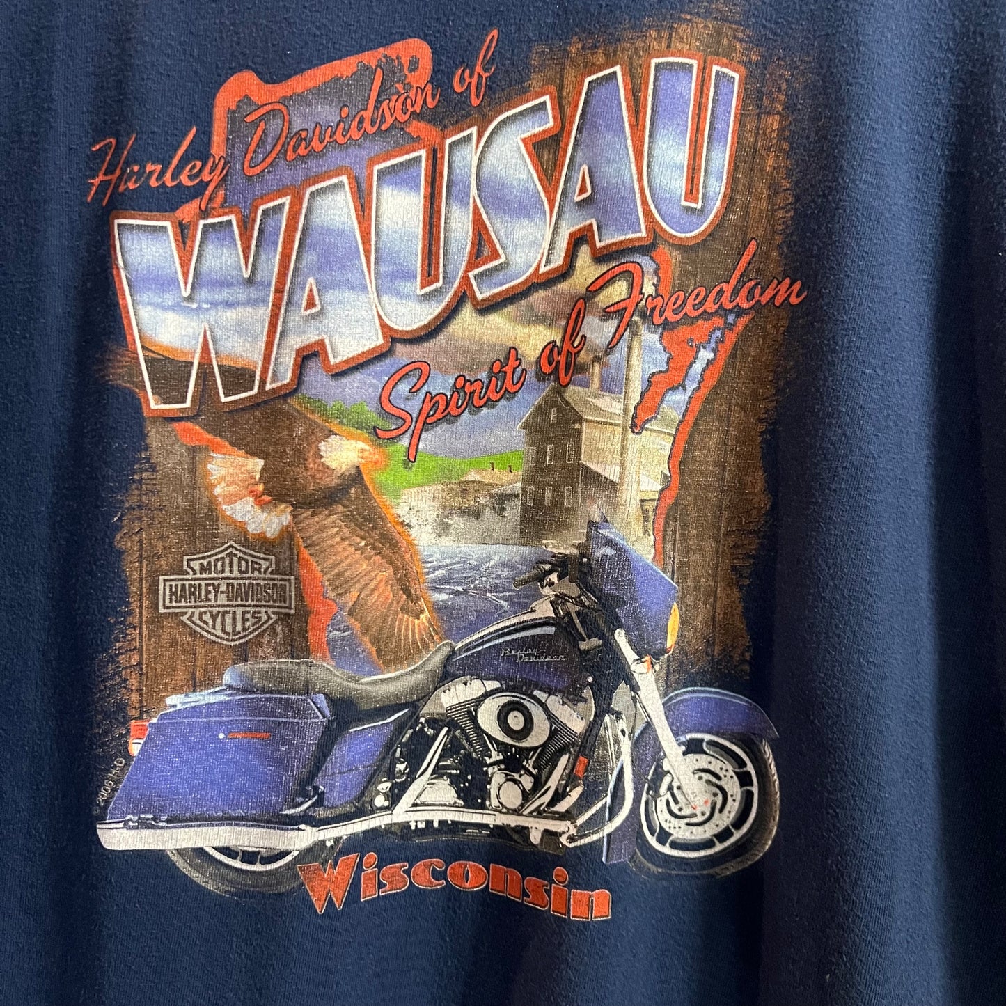 2008 Harley Davidson Wausau, Wisconsin Graphic T-Shirt - Size XL - Navy/Multi